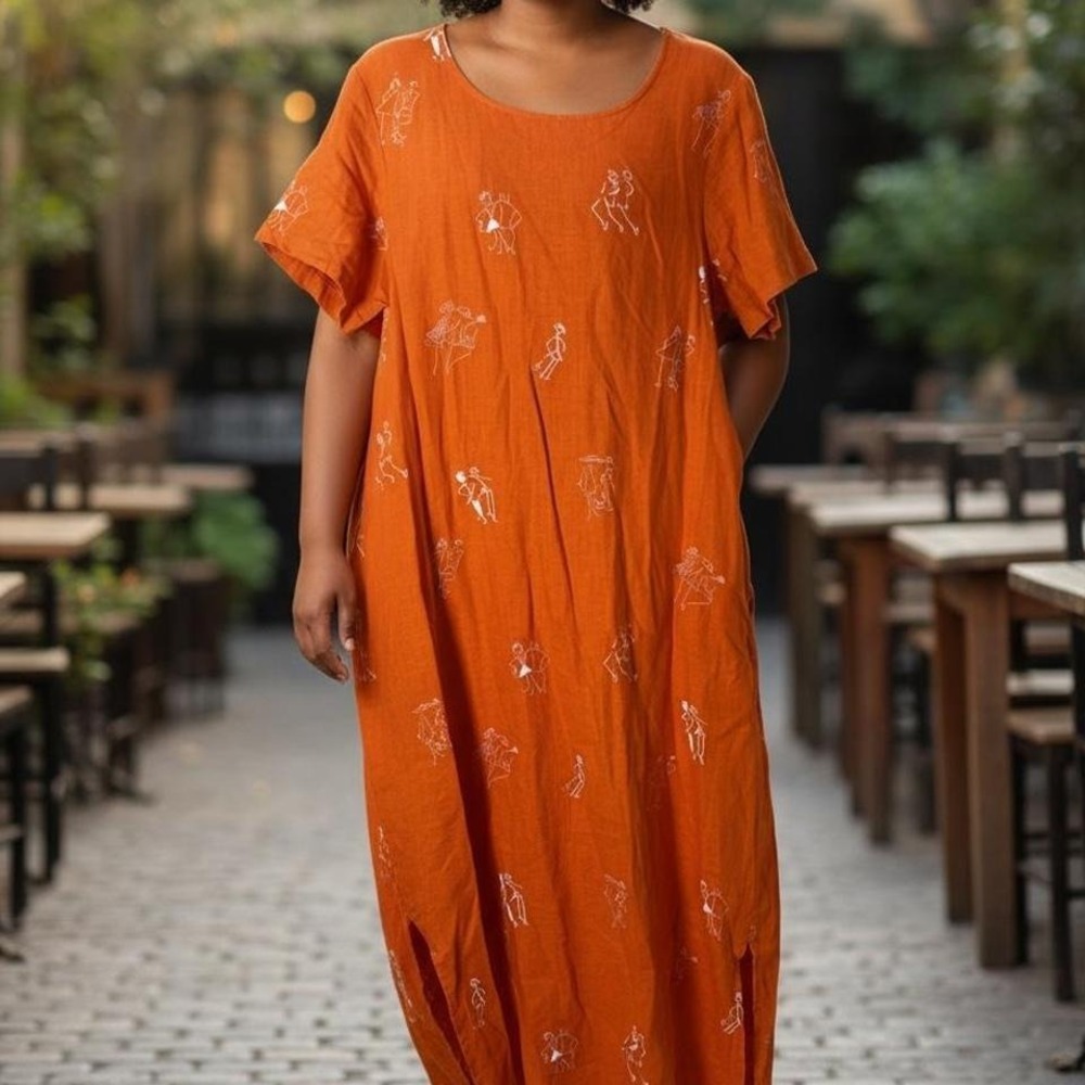 Country Casuals orange linen midi dress with pockets. Size M #linen #summerdress